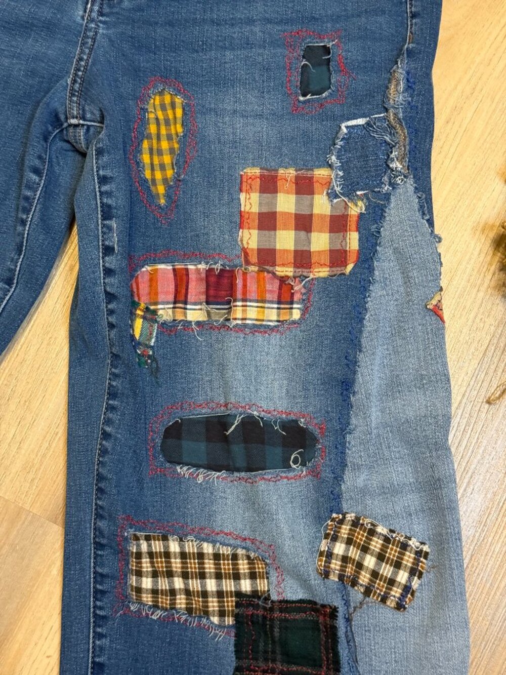 Upcycled Patchwork Jeans | Wide Leg Patched Denim | Visible Mending Art - Picture 7 of 11